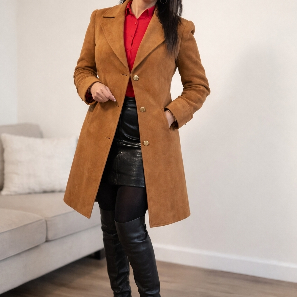 Kenneth Cole Café Brown Suede-Look Trench Coat – Gold Buttons – Lightly Worn